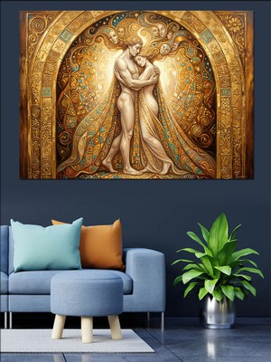 Artmeg Altın Işıklar Içinde Sarılan Çift Dekoratif Kanvas - Mdf Ahşap Tablo