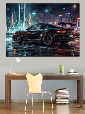 Artmeg Gece Şehrinde Siyah Spor Araba Dekoratif Kanvas - Mdf Ahşap Tablo