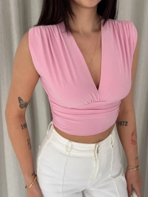 Bet's  Vatkalı Kolsuz V Yaka Drapeli Crop Bluz Likralı Fit - Pembe
