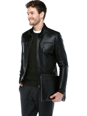 Dericlub Deri Erkek Mont E-1084 Slim Fit Siyah 1.Sınıf Hakiki Deri Kaliteli Astar