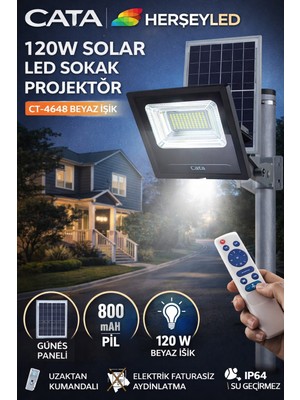 Cata (CT-4648) 120W Solar LED Sokak Projektör Kongo (Beyaz Işık) Cata