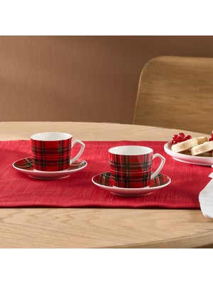 Karaca Ekose 2 Kişilik Porselen Kahve Fincanı Takımı Kırmızı Desenli 80 ml 4 Parça