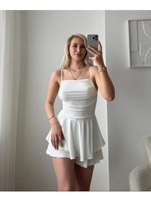 Cottonlab Straplez Mini Etek Görünümlü Şortlu Elbise Büzgülü Şık Yazlık - Beyaz