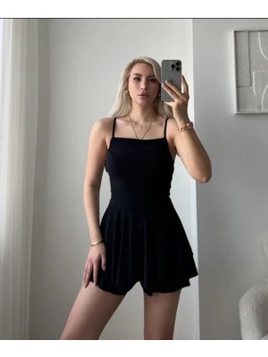 Kendim Fashion Straplez Mini Etek Görünümlü Şortlu Elbise Büzgülü Şık Yazlık - Siyah