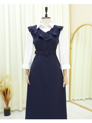 Modamorfo Yakası V Kemerli Uzun Jile Elbise        -K.laci