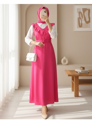 Modamorfo Yakası V Kemerli Uzun Jile Elbise     -Fuşya