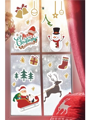 Msticker Renkli Noel Baba Kızakta Duvar Cam Sticker Suya Dayanıklı Çocuk Odası Sticker 50 x 70 cm