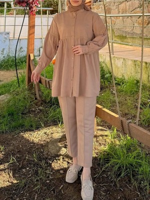 Moda Morfo Robadan Büzgülü Dantel İşlemeli Keten Takım    -Karamel