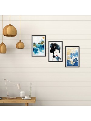 TASARIM ŞEYLER Mavi ve Altın Japon Sanatı - 3 Parçalı Geyşa ve Modern Peyzaj Mdf Tablo Seti