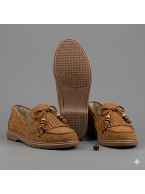 Kindep (Ceylanlar) Önü Püsküllü Boncuklu Rahan Günlük Kadın Babet Taba Süet