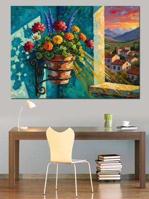 Tablomega Pencere Kenarında Saksıda Renkli Çiçekler Dekoratif Kanvas - Mdf Ahşap Tablo