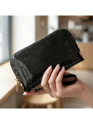 Sepetorium Kadın Siyah Simli Rugan El Çantası Gold Fermuar Bileklikli Clutch Çanta