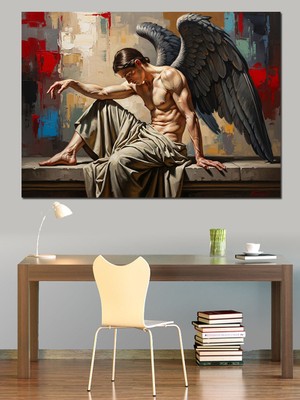 Artmeg Üzgün Kanatlı Melek Erkek Figürü Dekoratif Kanvas - Mdf Ahşap Tablo
