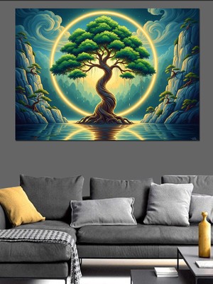 Tablomega Daire Içinde Işıldayan Hayat Ağacı Dekoratif Kanvas - Mdf Ahşap Tablo