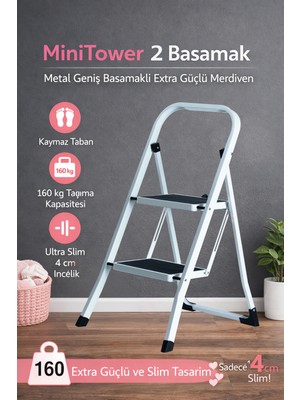 Ertekpa Minitower 2 Basamaklı Metal Merdiven - Ekstra Güçlü 160 kg Kapasiteli Beyaz