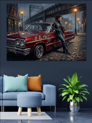 Tablomega Yağmurlu Gecede Klasik Kırmızı Araba Dekoratif Kanvas - Mdf Ahşap Tablo