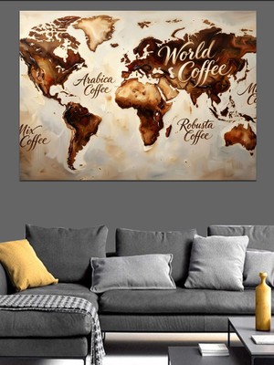 Tablomega Kahve Çekirdeklerinden Dünya Haritası Tasarımı Dekoratif Kanvas - Mdf Ahşap Tablo