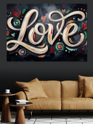 Artmeg Love Yazılı Çiçekli Modern Tasarım Dekoratif Kanvas - Mdf Ahşap Tablo