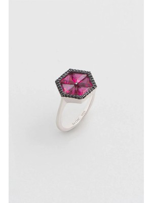 So CHIC Created Ruby Taşlı 18 Ayar Beyaz Altın Kaplama Gümüş Geometrik Tasarımlı Yüzük