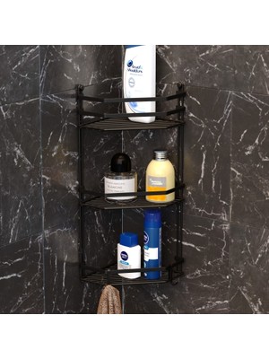 Tekno-tel Üç Katlı Kancalı Banyo Köşe Rafı Siyah Mat Malzeme ile Şık ve Kullanışlı Düzenleyici