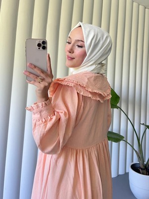 Modamorfo Bebe Yaka Fırfırlı Parçalı Ithal Keten Elbise   -Yavruağzı