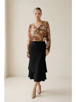 Setre Siyah Astarlı Katmanlı Midi Etek