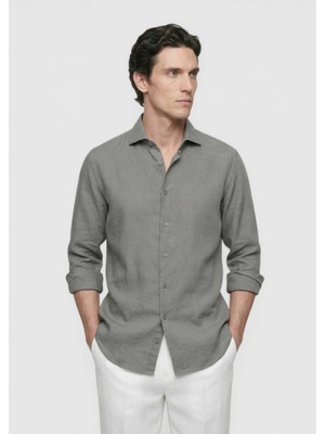 Ramsey Antrasit Düz Casual Fit Uzun Dokuma Casual %100 Keten Gömlek