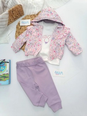 Melisa Çiçek Bahçesi Kapüşon Ceket 3'lü Takım Mor