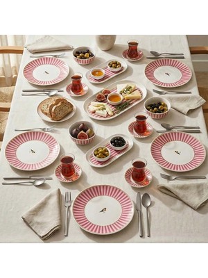 Acar Birdie 6 Kişilik 21 Parça Desenli Pembe Seramik Kahvaltı Takımı