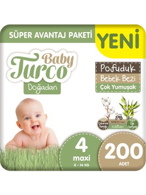 Baby Turco Doğadan Süper Avantaj Paketi Pofuduk Bebek Bezi 4 Numara Maxi 200 Adet