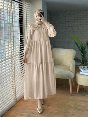 Modamorfo Bebe Yaka Fırfırlı Parçalı Ithal Keten Elbise   -Bej