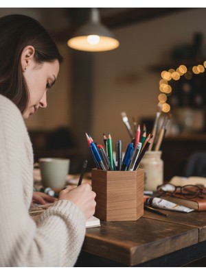 Altıgen Ahşap Kalemlik Dekoratif Masaüstü Düzenleyici Ofis Hediyesi Öğretmenler Günü Hediyesi