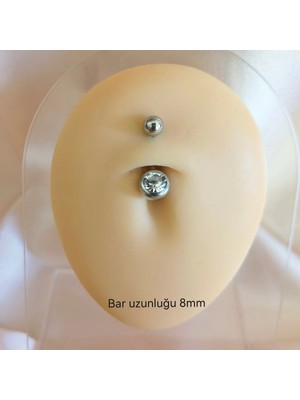 Bylin %100 316 L Cerrahi Çelik Zirkon Taşlı Göbek Piercing/ Bar Boy 8mm(En kısa)- 1 Adet