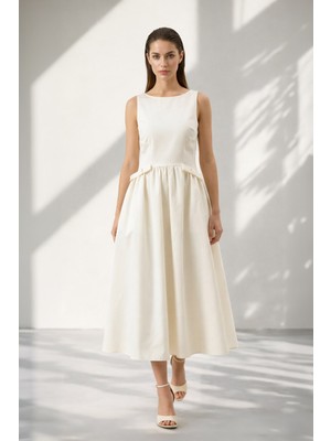 Setre Krem %100 Pamuk Bel Detaylı Rahat Kesim Midi Elbise
