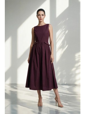 Setre Bordo %100 Pamuk Bel Detaylı Rahat Kesim Midi Elbise