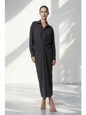 Setre Acı-Kahve Gömlek Yaka Belden Detaylı Uzun Kollu Rahat Kesim Elbise