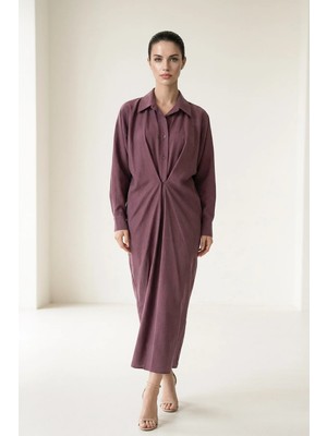 Setre Bordo Gömlek Yaka Belden Detaylı Uzun Kollu Rahat Kesim Elbise