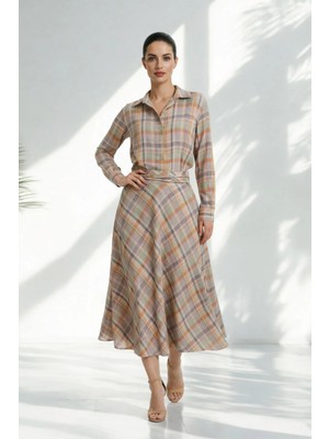 Setre Pembe-Yeşil Bel Detaylı Desenli Elbise