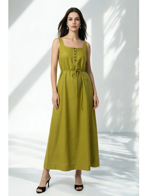 Setre Yağ Yeşili Belden Bağlama ve Düğme Detaylı Kalın Askılı Elbise