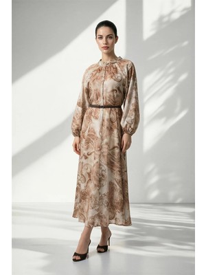 Setre Somon Kemer Detaylı Desenli Rahat Kesim Elbise