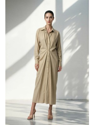 Setre Camel Gömlek Yaka Belden Detaylı Uzun Kollu Rahat Kesim Elbise