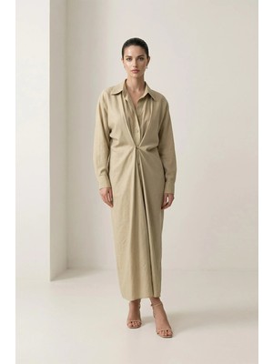 Setre Yağ Yeşili Gömlek Yaka Belden Detaylı Uzun Kollu Rahat Kesim Elbise