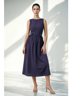 Setre Mor %100 Pamuk Bel Detaylı Rahat Kesim Midi Elbise