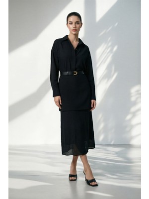 Setre Siyah Gömlek Yaka ve Bel Detaylı Uzun Kollu Elbise