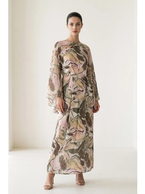 Setre Pembe-Yeşil Yaka Detaylı Uzun Kollu Elbise