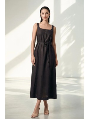 Setre Acı-Kahve Belden Bağlama ve Düğme Detaylı Kalın Askılı Elbise