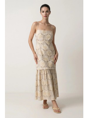Setre Krem Ince Askı ve Etek Detaylı Desenli Elbise