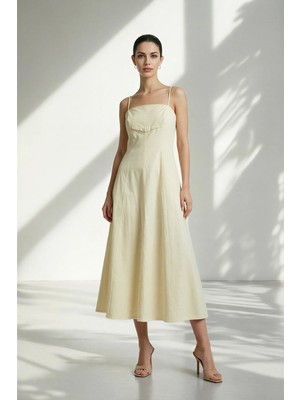 Setre Tereyağ Sarısı Askılı Dikiş Detaylı Rahat Kesim Elbise