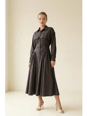 Setre Acı-Kahve Gömlek Yaka Belden Bağlama Detaylı Kolsuz Midi Boy Elbise