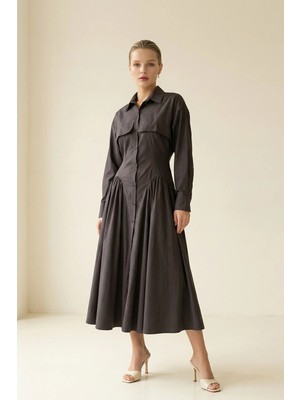 Setre Acı-Kahve Gömlek Detaylı Uzun Kollu Belden Oturtmalı Rahat Kesim Elbise